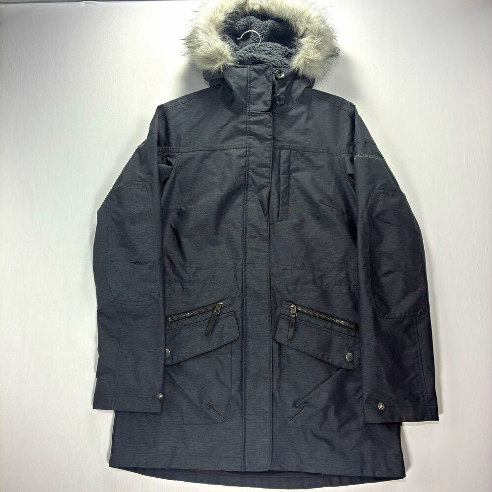 Columbia Interchange Women’s XS Gray Mid-Length Parka Jacket Hooded Faux Fur 3N1